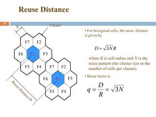 Reuse Distance
12
F1
F2
F3
F4
F5
F6
F7
F1
F2
F3
F4
F5
F6
F7
F1
F1
• For hexagonal cells, the reuse distance
is given by
R
N
D 3

R
where R is cell radius and N is the
reuse pattern (the cluster size or the
number of cells per cluster).
N
R
D
q 3


• Reuse factor is
Cluster
 