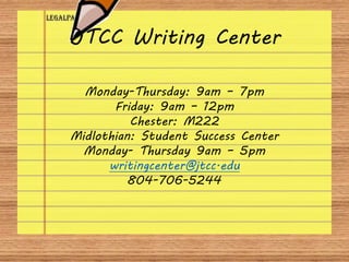 JTCC Writing Center
Monday-Thursday: 9am – 7pm
Friday: 9am – 12pm
Chester: M222
Midlothian: Student Success Center
Monday- Thursday 9am – 5pm
writingcenter@jtcc.edu
804-706-5244
 