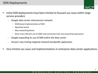 SDN Deployments
 Initial SDN deployments have been limited to focused use cases within large
service providers
—

Google data center interconnect network
•

WAN based implementation of SDN

•

OpenFlow based

•

New networking device

•

Much more efficient use of 100G interconnection links and streamlined operations

—

Google expanding its use of SDN within the data center

—

Verizon now trialing targeted network bandwidth application

 Very limited use cases and implementations in enterprise data center applications

12

 