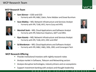 WCP Research Team
WCP Research Team
 Sam Skinner – COO and CCO
—

Formerly with IPR, M&C, Dakin, Paine Webber and Drexel Burnham

 Sean Blakley – MD, Network Infrastructure and Services Analyst
—

Formerly with IPR, TLAB, AFCI, Harris Corp and HPQ

 Marshall Senk – MD, Cloud Applications and Software Analyst
—

Formerly with IPR, Robertson Stephens, QSFT and ORCL

 Ryan Koontz – MD, Network Infrastructure and Services Analyst
—

Formerly with IPR, TLAB, AFCI, ERIC and AT&T

 Ed Bierdeman – MD, Cloud Applications and Software Analyst
—

Formerly with IPR, M&C, H&Q, SEBL, ORCL and Convergent Tech

WCP Research Offering

 Provide institutional investors with nightly research notes
 Analyze market in Software, Telecom and Networking sectors
 Analyze disruptive technologies, industry drivers and co–ecosystems
 Support investment banking with analysis and thought leadership

22

 