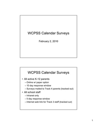 WCPSS Calendar Surveys

                 February 2, 2010




     WCPSS Calendar Surveys
• All active K-12 parents
  – Online w/ paper option
  – 10 day response window
  – Surveys mailed to Track 4 parents (tracked out)
• All school staff
  – Intranet only
  – 5 day response window
  – Internet web link for Track 3 staff (tracked out)




                                                        1
 