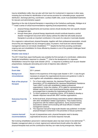 20
trauma rehabilitation skills, they can plan with their team for involvement in response in other ways,
including (but not limited to) identification of and service provision for vulnerable groups, equipment
distribution, discharge planning, coordination, auxiliary health roles, acute musculoskeletal treatments
for rescuers and administrative support.
Reporting on the role of physical therapists in responding to the Canterbury earthquake, Mulligan et al
(23)
made a series of critical recommendations regarding local preparedness, including:
 physical therapy departments and business owners should develop their own specific disaster
management plan
 through these plans, physical therapy departments should contribute towards a central
disaster management document which clearly outlines the skills that will enable physical
therapists to provide an important contribution in the event of a natural or manmade disaster.
On a regional or national level, physical therapists, together with their professional association, should
ensure they are integrated into any emergency plans. At present, most local and national disaster
management plans do not include rehabilitation
(22,23)
despite the fact that providing coordinated
ongoing care and rehabilitation for those affected by disasters is one of the greatest challenges faced
in many responses.
Disaster case study 2
The 2011 Great East Japan Earthquake was probably the first example of a coordinated, collaborative
locally-led rehabilitation response to a disaster
(33)
. It led to the development of a Japanese
Rehabilitation manual for large scale disaster (2012) – a response to problems such as poor disaster
preparedness, inadequate advocating and a lack of objective data collection
(33)
.
Country Japan
Event date 2011- present
Background
circumstances
Based on the experience of the large-scale disaster in 2011, it was thought
necessary to prepare the organisational structure and guidance in order to
work together with rehabilitation-related professions.
Role of the physical
therapist
1. For a future wider response, the Japanese Physical Therapy
Association (JPTA) established the Japanese Rehabilitation Assistance
Team (JRAT) to link with rehabilitation-related professional
organisations. Under this initiative, JPTA called for representatives of
disaster sections from each local physical therapy association, and
encouraged them to develop the organisational structure.
2. To inform guidance for supporting victims, JPTA started to develop a
disaster response manual with JRAT member organisations.
Outcomes from the
event
1. At the local level, physical therapy associations started collaboration
with other rehabilitation-related organisations. They hosted training
programmes with the related organisations. Some physical therapy
associations started communicating with local officers in disaster
management sections.
2. The response manual for large-scale disaster was published. It included
physical therapist involvement in the prevention of disuse syndrome.
Lessons learned/
recommendations
As part of preparedness work, physical therapists need to develop
organisational structure, and review response manuals.
Not involving rehabilitation personnel in national disaster plans has been shown to be detrimental
(33)
.
Disaster management plans on a local, regional and national level should outline the skills that
physical therapists have and the contributions that they can make during emergencies. National
 
