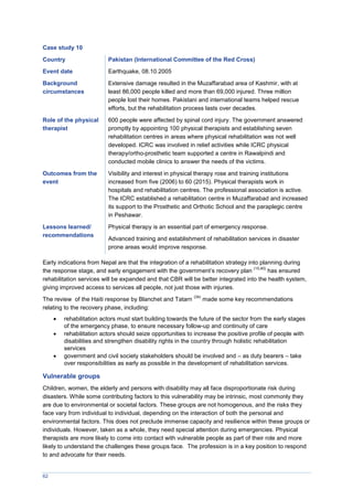 62
Case study 10
Country Pakistan (International Committee of the Red Cross)
Event date Earthquake, 08.10.2005
Background
circumstances
Extensive damage resulted in the Muzaffarabad area of Kashmir, with at
least 86,000 people killed and more than 69,000 injured. Three million
people lost their homes. Pakistani and international teams helped rescue
efforts, but the rehabilitation process lasts over decades.
Role of the physical
therapist
600 people were affected by spinal cord injury. The government answered
promptly by appointing 100 physical therapists and establishing seven
rehabilitation centres in areas where physical rehabilitation was not well
developed. ICRC was involved in relief activities while ICRC physical
therapy/ortho-prosthetic team supported a centre in Rawalpindi and
conducted mobile clinics to answer the needs of the victims.
Outcomes from the
event
Visibility and interest in physical therapy rose and training institutions
increased from five (2006) to 60 (2015). Physical therapists work in
hospitals and rehabilitation centres. The professional association is active.
The ICRC established a rehabilitation centre in Muzaffarabad and increased
its support to the Prosthetic and Orthotic School and the paraplegic centre
in Peshawar.
Lessons learned/
recommendations
Physical therapy is an essential part of emergency response.
Advanced training and establishment of rehabilitation services in disaster
prone areas would improve response.
Early indications from Nepal are that the integration of a rehabilitation strategy into planning during
the response stage, and early engagement with the government’s recovery plan
(15,40)
has ensured
rehabilitation services will be expanded and that CBR will be better integrated into the health system,
giving improved access to services all people, not just those with injuries.
The review of the Haiti response by Blanchet and Tatarn
(34)
made some key recommendations
relating to the recovery phase, including:
 rehabilitation actors must start building towards the future of the sector from the early stages
of the emergency phase, to ensure necessary follow-up and continuity of care
 rehabilitation actors should seize opportunities to increase the positive profile of people with
disabilities and strengthen disability rights in the country through holistic rehabilitation
services
 government and civil society stakeholders should be involved and – as duty bearers – take
over responsibilities as early as possible in the development of rehabilitation services.
Vulnerable groups
Children, women, the elderly and persons with disability may all face disproportionate risk during
disasters. While some contributing factors to this vulnerability may be intrinsic, most commonly they
are due to environmental or societal factors. These groups are not homogenous, and the risks they
face vary from individual to individual, depending on the interaction of both the personal and
environmental factors. This does not preclude immense capacity and resilience within these groups or
individuals. However, taken as a whole, they need special attention during emergencies. Physical
therapists are more likely to come into contact with vulnerable people as part of their role and more
likely to understand the challenges these groups face. The profession is in a key position to respond
to and advocate for their needs.
 