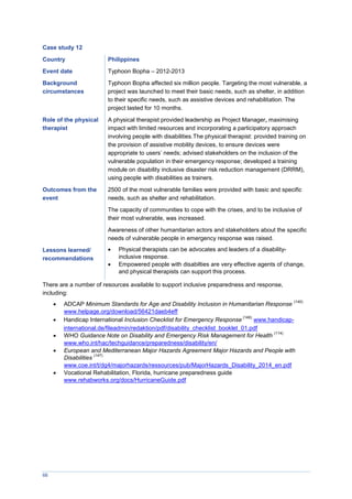 66
Case study 12
Country Philippines
Event date Typhoon Bopha – 2012-2013
Background
circumstances
Typhoon Bopha affected six million people. Targeting the most vulnerable, a
project was launched to meet their basic needs, such as shelter, in addition
to their specific needs, such as assistive devices and rehabilitation. The
project lasted for 10 months.
Role of the physical
therapist
A physical therapist provided leadership as Project Manager, maximising
impact with limited resources and incorporating a participatory approach
involving people with disabilities.The physical therapist: provided training on
the provision of assistive mobility devices, to ensure devices were
appropriate to users’ needs; advised stakeholders on the inclusion of the
vulnerable population in their emergency response; developed a training
module on disability inclusive disaster risk reduction management (DRRM),
using people with disabilities as trainers.
Outcomes from the
event
2500 of the most vulnerable families were provided with basic and specific
needs, such as shelter and rehabilitation.
The capacity of communities to cope with the crises, and to be inclusive of
their most vulnerable, was increased.
Awareness of other humanitarian actors and stakeholders about the specific
needs of vulnerable people in emergency response was raised.
Lessons learned/
recommendations
 Physical therapists can be advocates and leaders of a disability-
inclusive response.
 Empowered people with disabilties are very effective agents of change,
and physical therapists can support this process.
There are a number of resources available to support inclusive preparedness and response,
including:
 ADCAP Minimum Standards for Age and Disability Inclusion in Humanitarian Response
(140)
www.helpage.org/download/56421daeb4eff
 Handicap International Inclusion Checklist for Emergency Response
(146)
www.handicap-
international.de/fileadmin/redaktion/pdf/disability_checklist_booklet_01.pdf
 WHO Guidance Note on Disability and Emergency Risk Management for Health
(114)
www.who.int/hac/techguidance/preparedness/disability/en/
 European and Mediterranean Major Hazards Agreement Major Hazards and People with
Disabilities
(147)
www.coe.int/t/dg4/majorhazards/ressources/pub/MajorHazards_Disability_2014_en.pdf
 Vocational Rehabilitation, Florida, hurricane preparedness guide
www.rehabworks.org/docs/HurricaneGuide.pdf
 