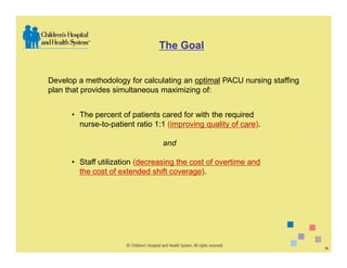 The Goal


Develop a methodology for calculating an optimal PACU nursing staffing
plan that provides simultaneous maximizing of:


      • The percent of patients cared for with the required
        nurse-to-patient ratio 1:1 (improving quality of care).

                                 and

      • Staff utilization (decreasing the cost of overtime and
        the cost of extended shift coverage).




                                                                         19
 