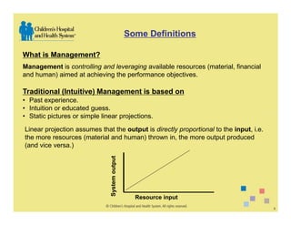 Some Definitions

What is Management?
Management is controlling and leveraging available resources (material, financial
and human) aimed at achieving the performance objectives.

Traditional (Intuitive) Management is based on
• Past experience.
• Intuition or educated guess.
• Static pictures or simple linear projections.
Linear projection assumes that the output is directly proportional to the input, i.e.
the more resources (material and human) thrown in, the more output produced
(and vice versa.)
                               System output




                                                 Resource input
                                                                                        3
 
