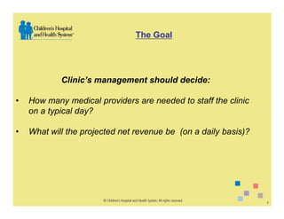 The Goal




            Clinic’s management should decide:

•   How many medical providers are needed to staff the clinic
    on a typical day?

•   What will the projected net revenue be (on a daily basis)?




                                                                 7
 