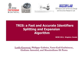 TRIS: a Fast and Accurate Identifiers
Splitting and Expansion
Algorithm
WCRE 2012, Kingston, Canada

Latifa Guerrouj, Philippe Galinier, Yann-Gaël Guéhéneuc,
Giuliano Antoniol, and Massimiliano Di Penta

 