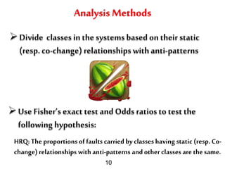 Analysis Methods

HRQ: The proportions of faults carried by classes having static (resp. Cochange) relationships with anti-patterns and other classes are the same.
10

 