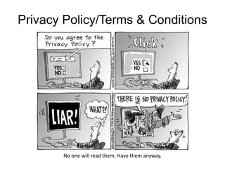 Privacy Policy/Terms & Conditions
No one will read them. Have them anyway.
 