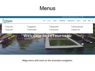 Menus
Mega menu with icons on the secondary navigation.
 