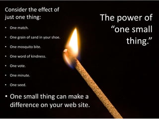 Consider the effect of
just one thing:
• One match.
• One grain of sand in your shoe.
• One mosquito bite.
• One word of kindness.
• One vote.
• One minute.
• One seed.
• One small thing can make a
difference on your web site.
The power of
“one small
thing.”
 