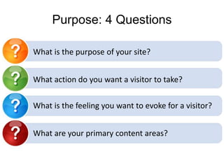Purpose: 4 Questions
What is the purpose of your site?
What action do you want a visitor to take?
What is the feeling you want to evoke for a visitor?
What are your primary content areas?
 
