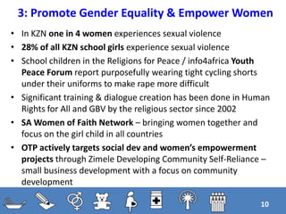 3: Promote Gender Equality & Empower Women
• In KZN one in 4 women experiences sexual violence
• 28% of all KZN school girls experience sexual violence
• School children in the Religions for Peace / info4africa Youth
Peace Forum report purposefully wearing tight cycling shorts
under their uniforms to make rape more difficult
• Significant training & dialogue creation has been done in Human
Rights for All and GBV by the religious sector since 2002
• SA Women of Faith Network – bringing women together and
focus on the girl child in all countries
• OTP actively targets social dev and women’s empowerment
projects through Zimele Developing Community Self-Reliance –
small business development with a focus on community
development
10
 