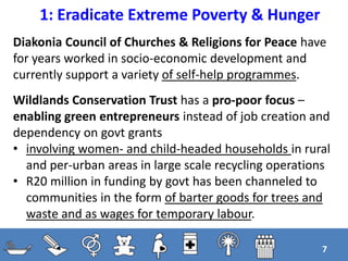 1: Eradicate Extreme Poverty & Hunger
7
Diakonia Council of Churches & Religions for Peace have
for years worked in socio-economic development and
currently support a variety of self-help programmes.
Wildlands Conservation Trust has a pro-poor focus –
enabling green entrepreneurs instead of job creation and
dependency on govt grants
• involving women- and child-headed households in rural
and per-urban areas in large scale recycling operations
• R20 million in funding by govt has been channeled to
communities in the form of barter goods for trees and
waste and as wages for temporary labour.
 