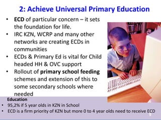 2: Achieve Universal Primary Education
Education
• 95,2% if 5 year olds in KZN in School
• ECD is a firm priority of KZN but more 0 to 4 year olds need to receive ECD
9
• ECD of particular concern – it sets
the foundation for life.
• IRC KZN, WCRP and many other
networks are creating ECDs in
communities
• ECDs & Primary Ed is vital for Child
headed HH & OVC support
• Rollout of primary school feeding
schemes and extension of this to
some secondary schools where
needed
 