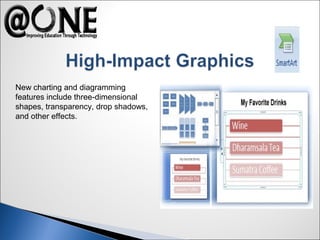 New charting and diagramming
features include three-dimensional
shapes, transparency, drop shadows,
and other effects.
 