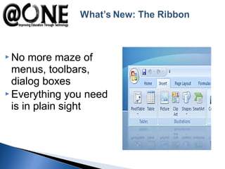  No more maze of
menus, toolbars,
dialog boxes
 Everything you need
is in plain sight
 
