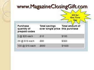www.MagazineClosingGift.com
                     $22 for
                    One Time
                      Use
 