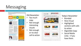 Messaging
Old	
  Newsletter	
  
• Too	
  much	
  
copy	
  
• Not	
  enough	
  
interesting	
  
visuals	
  
• Not	
  enough	
  
or	
  no	
  clear	
  
call	
  to	
  action
Today’s	
  Newsletter	
  
• Branded	
  
• Hero	
  Visual	
  
• Highlighted	
  
sections	
  with	
  calls	
  
to	
  action	
  
• Digestible	
  Copy	
  
• Social	
  Media	
  
Links	
  –	
  if	
  you	
  
have	
  them.
 