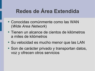 Redes de Área Extendida Conocidas comúnmente como las WAN ( Wide Area Network ) Tienen un alcance de cientos de kilómetros a miles de kilómetros Su velocidad es mucho menor que las LAN Son de carácter privado y transportan datos, voz y ofrecen otros servicios 
