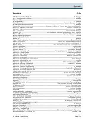 Appendix


Company	                                                                                                                                 Title

ACI Communication Products.           ............................................................................................. IT Manager
ACI Communication Products.           ............................................................................................. IT Manager
Aci-boland Inc..................................................................................................................................
ACME Alliance LLC.    ............................................................................................................ IT Manager
Acorn Press Inc.. ......................................................................................... Network Services Manager
                    .
ACS Business Process Solutions.......................................................................................... IT Manager
Actcom Inc.. .......................................................Engineering Services Director and Continuing Education
             .
Action For A Better Community............................................................................Systems Administrator
ACTIVATE INC.................................................................................................................. IT Manager
Actus Lend Lease..............................................................................................Corporation It Manager
ADA-ES, Inc..........................................................Vice President, Business Development, Utility Systems
Adams & Reese. .......................................................................................Regional Office Administrator
                  .
Adams Stepner Woltermann..................................................................................................... Partner
Aderholt Specialty Co Inc...................................................................................................................
Adfilm Inc............................................................................................................................ Manager
Adler Pollock & Sheehan PC.......................................................................................... Central Records
Adleta Corporation..........................................................................Senior Vice President Transportation
AD-NET INC...................................................................................................................... Director IT
Adplex Rhodes. ....................................................................Vice President of Data and Communications
                 .
Advance Auto Parts.........................................................................................................Supply Buyer
Advance Brands, LLC.......................................................................................................... Purchasing
Advance Brands, LLC............................................................................................. Purchasing Manager
Advanced Aromatics, L.P........................................................... Manager, Customer Service And Logistics
Advanced Career Training.       .................................................................................... Computer Technology
Advanced Cast Products.       .................................................................................................... IT Manager
Advanced Composites.       ........................................................................................Network Administrator
Advanced Composites.       .......................................................................................................................
Advanced Digital Solution International............................................................................Sales Manager
Advanced Marketing Svc Inc.................................................................................................... Director
Advanced Organization of LA..................................................................... Public Communication Officer
Advanced Precision Engineering..............................................................................Systems IT Manager
Advanced Silicon Materials, Inc...........................................................................................................
Advanced Solutions International........................................................................................ IS Manager
Advanced Technology Services, Inc.. ...................................................................Supply Chain Specialist
                                               .
Advanced Technology Services, Inc.. .................................................................................... Purchasing
                                               .
AERCO International, Inc..........................................................................................Director of Quality
AeroMechanical Services Ltd..         ....................................................................... Quality Assurance Manager
Aeropostale Inc.. ..................................................................................................... Facilities Manager
                    .
AEROSIM TECHNOLOGIES...................................................................................Systems Administrator
Aerospace Corporation.      ......................................................................................................................
Aerotech Laboratories, Inc.. ................................................................................................... Manager
                                  .
AESSEAL. ................................................................................................................. IT Administrator
           .
Affiliated Computer Services.       ...................................................................................... Purchasing Agent
AFFLINK Inc................................................................................. Vice President, Supplier Development
AFG Industries, Inc.................................................................................................... Corporate Buyer
AGC Automotive.............................................................................................. Senior Systems Analyst
AGCO Corporation.................................................................................................... Facilities Manager
AGISSAR..............................................................................................................Production Manager
Agusta Aerospace Corporation............................................................................. Training Administrator
AHRESTY-WILMINGTON CORPORATION.                     ............................................................................... IT Engineer
Aim Healthcare Service......................................................................................................................
AIM HEALTHCARE SERVICES. ....................................................................................Telecom Executive
                                    .
AIM HEALTHCARE SERVICES. ............................................................................... Corporate Purchasing
                                    .
Air Cargo Carriers, Inc................................................................................................ Director Training
AIRLOGIX, Inc............................................................................................... IT Network Administrator
AJINOMOTO FOOD INGREDIENTS LLC..................................................................................................
AJS ASSOCIATES DBA KFC................................................................................................. IT Manager
AK Steel Corporation............................................................................................ Purchasing Associate
AK Steel Holding Corporation.         ..............................................................................Maintenance Expeditor
AKEBONO CORPORATION.            ..................................................................................................................
Akerman Senterfitt & Edison.        ......................................................... Administrative Assistant In Operations
Alabama Farmers Cooperative, Inc.................................................................................. Shipping Clerk


© The HR Chally Group 	                                                                                                              Page 111
 