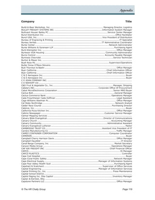 Appendix


Company	                                                                                                                                 Title

Build-A-Bear Workshop, Inc..        ....................................................................... Managing Director, Logistics
BULLET FREIGHT SYSTEMS INC..................................................................Information System Manager
Bullivant Houser Bailey PC. ............................................................................... Service Center Manager
                                 .
Bunzl Distribution Inc..................................................................................................Office Facilitator
Bunzl USA, Inc.. ....................................................................................... Vice President of Distribution
                  .
Bureau of Engraving & Printing.......................................................................................... IT Specialist
Bureau Veritas.  ........................................................................................ IT Administrative Coordinator
Burke Center.....................................................................................................Network Administrator
Burke Williams & Sorensen LLP................................................................................... Purchasing Agent
Burk-Kleinpeter Inc...................................................................................................... Office Manager
Burleson VOA Housing................................................................................... Community Administrator
Burns Control.............................................................................................. Accounts Payable Manager
Burtness Chevrolet.    ..................................................................................................Service Technician
Burton & Mayer Inc...........................................................................................................................
Bush Ross Pa.  .................................................................................................... Supervisor/Operations
Butler Snow O’Mara Stevens.         ..............................................................................................................
Butt Thornton & Baehr.      ................................................................................................. Office Manager
Byer California. ...............................................................................................Chief Information Officer
Byer California. ...............................................................................................Chief Information Officer
C & D Aerospace Inc.. ............................................................................................................... Buyer
                          .
C & D Aerospace Inc.. ............................................................................................................... Buyer
                          .
C E JOHN COMPANY INC....................................................................................................................
C E NIEHOFF CO...............................................................................................................................
C&D Fruit & Vegetable Co., Inc.. ................................................................................Manager, Shipping
                                        .
Cabela’s INC.. .....................................................................................Corporate Office Of Procurement
               .
Cabot MicroElectronics Corporation.          ............................................................................Senior MRO Buyer
Cactus Bolt...............................................................................................................General Manager
            .
Cactus Commerce Bank......................................................................................... Operations Manager
Cada Froschheiser Cada Hoffman................................................................................... Legal Assistant
Cage Williams Abelman Pc. ........................................................................................... Office Manager
                                 .
Cal State Northridge.    .................................................................................................. Network Analyst
Calder Race Course................................................................................................ Purchasing Director
Calence, Inc............................................................................................................................. Buyer
California Pizza Kitchen Inc.. ......................................................................................... Office Manager
                                   .
Calkins Newspaper.......................................................................................Customer Service Manager
Calmar Mapping Services...................................................................................................................
Calvary Bible Evangelical. ............................................................................Director of Communications
                               .
Calvary Church..................................................................................................... Accounting Manager
Calvary Community..........................................................................................Administrative Assistant
Calvary Evangelical Lutheran..................................................................................................... Pastor
CAMBRIDGE TRUST CO.          .............................................................................Assistant Vice President of IT
Cambro Manufacturing Co............................................................................................. Traffic Manager
CAMEO CONTAINER CORPORATION...................................................................... Computer Coordinator
CAMERON................................................................................................................................ Buyer
Campbell Cherry Harrison Davis..................................................................................... Office Manager
Campbell Hausfeld............................................................................................................. IT Director
Canal Barge Company, Inc......................................................................................... Market Secretary
Canyon Media Group............................................................................................. Operations Manager
CAP AIR FREIGHT INC......................................................................................... Chief Financial Officer
CAPCO. ........................................................................................................................... IS Manager
       .
CAPCO PLASTICS................................................................................................................ Controller
Cape Cod Hospital.    .................................................................................................................... Buyer
Cape Coral-Public Safety............................................................................................Network Manager
Cape Electrical Supply..........................................................................Manager of Information Systems
Cape Fear Valley Health Syst...................................................................................... Purchasing Agent
Capehart & Scatchard.      ............................................................................... Supervisor of Office Services
Capital Engineering..............................................................................Manager of Information Services
Capital Printing Co., Inc........................................................................................... Press Maintenance
Capital School District. ......................................................................................................................
                           .
Capitol Paging Inc. Dba Capitol.................................................................................Inventory Manager
Caplan & Earnest, Atty.......................................................................................................................
Capstone Partners LLC.................................................................................................. Office Manager


© The HR Chally Group 	                                                                                                              Page 119
 