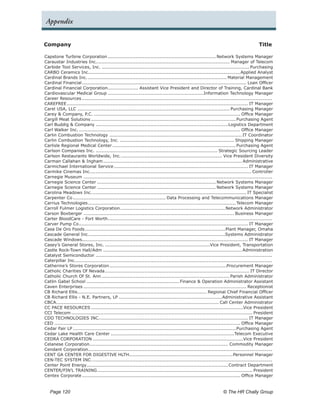 Appendix


Company	                                                                                                                                    Title

Capstone Turbine Corporation........................................................................ Network Systems Manager
Caraustar Industries Inc.. ...................................................................................... Manager of Telecom
                                   .
Carbide Tool Services, Inc................................................................................................... Purchasing
CARBO Ceramics Inc....................................................................................................Applied Analyst
                             .
Cardinal Brands Inc............................................................................................. Material Management
Cardinal Financial.    ............................................................................................................ Loan Officer
Cardinal Financial Corporation. ................... Assistant Vice President and Director of Training, Cardinal Bank
                                          .
Cardiovascular Medical Group................................................................Information Technology Manager
Career Resources..............................................................................................................................
CAREFREE. ...................................................................................................................... IT Manager
            .
Carel USA, LLC..................................................................................................... Purchasing Manager
Carey & Company, P.C.................................................................................................. Office Manager
Cargill Meat Solutions................................................................................................ Purchasing Agent
Carl Buddig & Company........................................................................................Logistics Department
Carl Walker Inc............................................................................................................ Office Manager
Carlin Combustion Technology........................................................................................ IT Coordinator
Carlin Combustion Technology, Inc............................................................................. Shipping Manager
Carlisle Regional Medical Center.................................................................................. Purchasing Agent
Carlson Companies Inc.................................................................................. Strategic Sourcing Leader
Carlson Restaurants Worldwide, Inc.................................................................... Vice President Diversity
Carman Callahan & Ingham............................................................................................ Administrative
Carmichael International Service.              ........................................................................................ IT Manager
Carmike Cinemas Inc.. ........................................................................................................ Controller
                              .
Carnegie Museum.............................................................................................................................
Carnegie Science Center............................................................................... Network Systems Manager
Carnegie Science Center............................................................................... Network Systems Manager
Carolina Meadows Inc..          ..................................................................................................... IT Specialist
Carpenter Co.   ............................................................. Data Processing and Telecommunications Manager
Carrius Technologies. ................................................................................................ Telecom Manager
                            .
Carroll Fulmer Logistics Corporation. ....................................................................Network Administrator
                                                   .
Carson Boxberger.................................................................................................... Business Manager
Carter BloodCare - Fort Worth. ...........................................................................................................
                                          .
Carver Pump Co. .............................................................................................................. IT Manager
                     .
Casa De Oro Foods.       ............................................................................................Plant Manager, Omaha
Cascade General Inc..        .........................................................................................Systems Administrator
Cascade Windows............................................................................................................. IT Manager
Casey’s General Stores, Inc.......................................................................Vice President, Transportation
Castle Rock-Town Hall/Adm............................................................................................ Administration
Catalyst Semiconductor.....................................................................................................................
Caterpillar Inc.. ................................................................................................................................
                  .
Catherine’s Stores Corporation.             .............................................................................Procurement Manager
Catholic Charities Of Nevada. .............................................................................................. IT Director
                                        .
Catholic Church Of St. Ann..................................................................................... Parish Administrator
Catlin Gabel School.............................................................. Finance & Operation Administrator Assistant
Caven Enterprises............................................................................................................ Receptionist
CB Richard Ellis. .................................................................................... Regional Chief Financial Officer
                    .
CB Richard Ellis - N.E. Partners, LP.....................................................................Administrative Assistant
CBCA. .......................................................................................................... Call Center Administrator
      .
CC PACE RESOURCES.....................................................................................................Vice President
CCI Telecom........................................................................................................................ President
CDO TECHNOLOGIES INC.. ................................................................................................ IT Manager
                                     .
CED........................................................................................................................... Office Manager
Cedar Fair LP............................................................................................................ Purchasing Agent
Cedar Lake Health Care Center..................................................................................Telecom Executive
CEDRA CORPORATION....................................................................................................Vice President
Celanese Corporation. .......................................................................................... Commodity Manager
                             .
Cendant Corporation.........................................................................................................................
                            .
CENT GA CENTER FOR DIGESTIVE HLTH. ...................................................................Personnel Manager
                                                         .
CEN-TEC SYSTEM INC..            ......................................................................................................................
Center Point Energy. ............................................................................................Contract Department
                          .
CENTER/FIN’L TRAINING.             ...................................................................................................... President
Centex Corporate.      ........................................................................................................ Office Manager


   Page 120 	                                                                                                        © The HR Chally Group
 