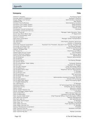 Appendix


Company	                                                                                                                                 Title

Children’s Hospital. ................................................................................................... Purchasing Agent
                       .
Choctaw Nation of Oklahoma....................................................................................Assistant Treasurer
Chopin Wagar Cole Richard. ..............................................................................Administration Assistant
                                    .
CHORDUS INC..................................................................................................................Web Master
Christian Church/Rockies. .................................................................................Administrative Assistant
                                .
Christiana Care Health System. ...................................................................................... Staff Assistant
                                          .
Christiana Care Health System. ...................................................................................... Staff Assistant
                                          .
Christie Clinic................................................................................................................ Director of IS
Christopher Carvell Architecture..............................................................................................Architect
Chromalloy Component Services.........................................................................................................
Chrysler Financial. ................................................................................ Manager, Sales Education Team
                     .
Church Ave Merch Block Assn.........................................................................................IT Department
Church Of Scientology of NY...............................................................................................................
Church’s Chicken...................................................................................................... Purchasing Agent
                    .
Ciba Vision Corporation.      ...........................................................................Manager Global Transportation
CIC Associates.  .................................................................................................................................
CIC Associates.  .....................................................................................Information Systems Technician
CIGI Direct. ........................................................................................................Director of Marketing
            .
Cincinnati Financial Corporation.................... Assistant Vice President, Education and Training, Property Cas
Cincinnati Intl Airport-Cvg...................................................................................... Purchasing Manager
Circuit Research Labs, Inc.................................................................................. Shipping and Receiving
CIRCUIT SCIENCE INC..         ....................................................................................................MIS Director
Citi Trends Inc.................................................................................................... Chief Financial Officer
Citizens Bank Of Las Cruces. ...........................................................................................Vice President
                                     .
Citizens Memorial Hospital. ........................................................................................ Purchasing Agent
                                   .
Citrus County School Board...............................................................................................Maintenance
City Of Anderson. .............................................................................................. Telecom Administrator
                    .
City Of Boston..................................................................................................................................
City Of Carrollton.................................................................................................. Purchasing Manager
City Of Fort Worth.............................................................................................................................
City Of Homestead- Public Safety.............................................................................. Computer Analysis
City Of Hurst.......................................................................................................Assistant IS Manager
City Of Lake Oswego........................................................................................Chief Technology Officer
City Of Melbourne........................................................................................... Facilities Superintendent
City Of Mesa Police Dept....................................................................... Telephone Service Administrator
City of Moraine................................................................................................................. IT Manager
City of Phoenix City............................................................................................................ IT Director
City Of Rochester......................................................................................................... MIS Technician
City Of Royal Palm Beach.................................................................................................. IS Specialist
City Of Tyler........................................................................ Administrative Assistant/Computer Services
City Of Waynesboro.      ........................................................................................... Director Of Purchasing
City Of West Palm Beach.................................................................................. Senior Purchasing Agent
C-K POWER PRODUCTS. ....................................................................................................................
                              .
Ckc Laboratories............................................................................................................... IT Manager
Clackamas Bakery.      .............................................................................IS Technologist/Site Administrator
Clackamas County. ..................................................................................... Computer Service Manager
                       .
Claims Center.  ......................................................................................................... Telecomm Analyst
Clarian Health Partners Inc..         ....................................................................................... Purchasing Agent
Clarion Mortgage Capital-Hq/Gv............................................................................................ Controller
Clark & Ward PLLC......................................................................................... Office Service Supervisor
Clark & Washington................................................................................Assistant to the Office Manager
Clark County Credit Union................................................ Chief Financial Officer, Chief Information Officer
Clark Memorial Hospital....................................................................................... Material Management
Clay Park Labs Inc.. ..................................................................................................Net Administrator
                        .
Clean Earth Technologies. .................................................................................................. IT Manager
                                .
Clean Seal, Inc.....................................................................................................Manager, Purchasing
Clean Water Services.      .....................................................................................Field Operations Manager
Clean Water Services Inc................................................................................................... IT Manager
                                  .
Cleanco Maintenance Corporation.              .......................................................................................... President
Clear Channel Colo-Hq.       ........................................................................................... Assistant Controller
Clear Channel Comm Lim-001. ...........................................................................................................
                                         .
Clear Channel Hlg-001.       .............................................................................................. Market Controller


   Page 122 	                                                                                                     © The HR Chally Group
 
