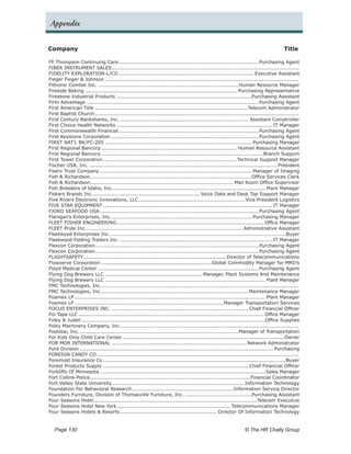 Appendix


Company	                                                                                                                                 Title

FF Thompson Continuing Care.................................................................................... Purchasing Agent
                                      .
FIBER INSTRUMENT SALES. ...............................................................................................................
                                  .
FIDELITY EXPLORATION-L/CO. ................................................................................ Executive Assistant
                                      .
Fieger Fieger & Johnson.....................................................................................................................
Filtronic Comtek Inc......................................................................................Human Resource Manager
Fireside Baking............................................................................................ Purchasing Representative
Firestone Industrial Products..................................................................................Purchasing Assistant
Firm Advantage........................................................................................................ Purchasing Agent
First American Title............................................................................................ Telecom Administrator
First Baptist Church.   ..........................................................................................................................
First Century Bankshares, Inc............................................................................... Assistant Comptroller
First Choice Health Networks.............................................................................................. IT Manager
First Commonwealth Financial. ................................................................................... Purchasing Agent
                                      .
First Keystone Corporation......................................................................................... Purchasing Agent
FIRST NAT’L BK/FC-205......................................................................................... Purchasing Manager
First Regional Bancorp.................................................................................. Human Resource Assistant
First Regional Bancorp..................................................................................................Branch Support
First Tower Corporation.     ................................................................................Technical Support Manager
Fischer USA, Inc.................................................................................................................. President
Fiserv Trust Company............................................................................................ Manager of Imaging
Fish & Richardson.................................................................................................Office Services Clerk
                     .
Fish & Richardson...................................................................................... Mail Room Office Supervisor
                     .
Fish Breeders of Idaho, Inc.. .......................................................................................... Plant Manager
                                   .
Fiskars Brands Inc.. ............................................................... Voice Data and Desk Top Support Manager
                       .
Five Rivers Electronic Innovations, LLC. ...............................................................Vice President Logistics
                                                   .
FIVE STAR EQUIPMENT...................................................................................................... IT Manager
FJORD SEAFOOD USA................................................................................................ Purchasing Agent
Flanigan’s Enterprises, Inc.. ................................................................................... Purchasing Manager
                                  .
FLEET FISHER ENGINEERING. ....................................................................................... Office Manager
                                     .
FLEET Pride Inc.. .............................................................................................Administrative Assistant
                   .
Fleetwood Enterprises Inc.......................................................................................................... Buyer
Fleetwood Folding Trailers Inc............................................................................................. IT Manager
Flexcon Corporation. ................................................................................................. Purchasing Agent
                         .
Flexcon Corporation. ................................................................................................. Purchasing Agent
                         .
FLIGHTSAFETY. .....................................................................................Director of Telecommunications
                 .
Flowserve Corporation...................................................................Global Commodity Manager for MRO’s
Floyd Medical Center................................................................................................. Purchasing Agent
Flying Dog Brewery LLC........................................................... Manager, Plant Systems And Maintenance
Flying Dog Brewery LLC................................................................................................. Plant Manager
FMC Technologies, Inc.......................................................................................................................
                            .
FMC Technologies, Inc.........................................................................................Maintenance Manager
                            .
Foamex LP................................................................................................................... Plant Manager
Foamex LP..........................................................................................Manager Transportation Services
FOCUS ENTERPRISES INC.................................................................................... Chief Financial Officer
Fol Tape LLC................................................................................................................ Office Manager
Foley & Judell...............................................................................................................Office Supplies
Foley Machinery Company, Inc............................................................................................................
Footstar, Inc.................................................................................................Manager of Transportation
For Kids Only Child Care Center................................................................................................. Owner
FOR MOR INTERNATIONAL..................................................................................Network Administrator
Ford Division..................................................................................................................... Purchasing
FOREIGN CANDY CO. ........................................................................................................................
                          .
Foremost Insurance Co.............................................................................................................. Buyer
Forest Products Supply........................................................................................ Chief Financial Officer
Forklifts Of Minnesota....................................................................................................Sales Manager
Fort Collins-Police. ...............................................................................................Financial Coordinator
                     .
Fort Valley State University............................................................................... Information Technology
                                  .
Foundation For Behavioral Research. ............................................................Information Service Director
                                               .
Founders Furniture, Division of Thomasville Furniture, Inc..........................................Purchasing Assistant
Four Seasons Hotel..................................................................................................Telecom Executive
Four Seasons Hotel New York. ................................................................... Telecommunications Manager
                                     .
Four Seasons Hotels & Resorts.          .......................................................... Director Of Information Technology


   Page 130 	                                                                                                     © The HR Chally Group
 