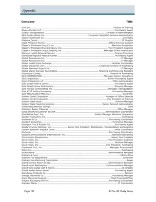 Appendix


Company	                                                                                                                               Title

Girls Inc.. ..............................................................................................................Director of Training
          .
Givens Pursley LLP.................................................................................................... Purchasing Agent
Givens Transportation.................................................................................... Director of Administration
GKN Sinter Metals Inc.. ......................................................... Computer Specialist Systems Administrator
                              .
Glacier Northwest Inc...........................................................................................................Secretary
Gladney Center. ................................................................................................................ IT Director
                    .
Glast Phillips & Murray.......................................................................................Office Services Support
Glazer’s Wholesale Drug Co Inc.. ............................................................................Mailroom Supervisor
                                           .
Glazer’s Wholesale Drug Company, Inc.. .............................................................Vice President, Logistics
                                                     .
Glazer’s Wholesale Drug Company, Inc.. ....................................................... Manager of Mail Distribution
                                                     .
Glencoe Health Regional Service................................................................................ Finance Executive
Glenwood Regional Medical Center.............................................................................. Purchasing Agent
Global Accessories Inc....................................................................................................... IT Manager
Global Accessories Inc....................................................................................................... IT Manager
Global Health Care Exchange................................................................................. Facilities Coordinator
Global Industries LTD. ..........................................................................Corporate Director of Purchasing
                            .
Global Stainless Supply Inc................................................................................................ IT Manager
Global Vision Eyewear Corporation........................................................ Shipping and Receiving Assistant
                                               .
Gloucester County. ............................................................................................ Director of Purchasing
                        .
GLS CORPORATION.................................................................................... Manager System Operations
GLS Corporation............................................................................................. Senior Purchasing Agent
Goetz Fitzpatrick LLP............................................................................................. Office Administrator
Gold Coast Hotel & Casino.         ......................................................................................... Purchasing Agent
Gold Coast Marine Distributors.          .................................................................................. Shipping Manager
Gold Harbor Commodities Inc............................................................................Manager, Transportation
Gold KIST Poultry Processing.................................................................................. Purchasing Manager
Gold Mills/Guilford Mills Inc.................................................................................................. Controller
Golden Corral Corporation............................................................................. Manager of Office Services
Golden Corral Corporation............................................................................... Vice President of Training
Golden State Foods....................................................................................................General Manager
Golden State Foods Corporation................................................................. Senior Network Administrator
Goldenberg Mackler Sayegh. ....................................................................................................... Clerk
                                     .
Goldstein Ballen O’Rourke............................................................................................. Office Manager
Good Shepherd Lutheran Church.              ...................................................................Administration Coordinator
Goodfellow Bros., Inc.. ...................................................................Safety Manager, Mainland Operations
                             .
Goodier Cosmetics, Inc....................................................................................................... Purchasing
Goodman & Co.................................................................................................Purchasing Coordinator
Goodwill Industries. .............................................................................................. Purchasing Manager
                         .
Goodyear Tire & Rubber Co........................................................................................ Purchasing Agent
Goody’s Family Clothing, Inc.. .................... Senior Vice President, Distribution, Transportation and Logistics
                                       .
Gordon Edelstein Krepack Grant.            ................................................................................ Office Coordinator
Gorton’s. .........................................................................................................Purchasing Coordinator
         .
Gospel Communications International, Inc..                ..............................................................Operations/Shipping
Government Perspectives......................................................................................Senior Vice President
Goya Foods, Inc..     .............................................................................................Vice President, Logistics
Goya Foods, Inc..     ..................................................................................................... Facilities Manager
Goya Foods, Inc..     ..........................................................................................Vice President, Purchasing
Graceland Fruit, Inc.. ......................................................................................... Manager, Procurement
                           .
Graco Inc..  ........................................................................................................................ Purchasing
GRADEPOINT. .................................................................................................Administrative Assistant
                 .
Graham & Dunn............................................................................................................... HR/Facilities
Graham Fire Department. .................................................................................................... Controller
                                 .
Graham Manufacturing Corporation............................................................................................. Buyer
Grand Geneva Resort & Spa..............................................................................Administrative Assistant
Grand Hyatt Washington................................................................................ Communications Manager
Grand View Lodge Golf & Tennis........................................................................................... IS Director
Grand Wailea Resort Hotel.         ......................................................................................... Purchasing Agent
Grandview Products Co...........................................................................................................Telecom
Grange Insurance Co............................................................................................. Purchasing Manager
Grant Memorial Hospital. ..................................................................................... Chief Financial Officer
                                .
Graphic Packaging Intl Inc..        ................................................................................Purchasing Coordinator
Graydon Manor............................................................................................................. IT Coordinator


   Page 132 	                                                                                                   © The HR Chally Group
 