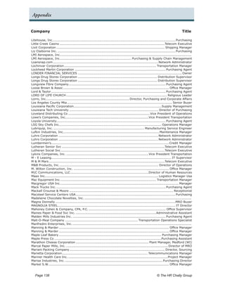 Appendix


Company	                                                                                                                                   Title

Litehouse, Inc.. ................................................................................................................. Purchasing
                  .
Little Creek Casino...................................................................................................Telecom Executive
Lixit Corporation...................................................................................................... Shipping Manager
Liz Claiborne Inc................................................................................................................ Purchasing
LMI Aerospace, Inc.. .........................................................................................................................
                          .
LMI Aerospace, Inc.. ................................................................. Purchasing & Supply Chain Management
                          .
Loansnap.com...................................................................................................Network Administrator
Lochinvar Corporation.        ...................................................................................... Transportation Manager
Lockheed Martin Corporation...................................................................................... Purchasing Agent
LONDER FINANCIAL SERVICES.................................................................................................. Owner
Longs Drug Stores Corporation........................................................................... Distribution Supervisor
Longs Drug Stores Corporation........................................................................... Distribution Supervisor
Longview Fibre Company........................................................................................... Purchasing Agent
Loose Brown & Assoc. .................................................................................................. Office Manager
                             .
Lord & Taylor............................................................................................................ Purchasing Agent
LORD OF LIFE CHURCH............................................................................................... Religious Leader
Lorro, Inc.. ............................................................................ Director, Purchasing and Corporate Affairs
            .
Los Angeles County Mta................................................................................................... Senior Buyer
Louisiana Pacific Corporation. .................................................................................Supply Management
                                       .
Louisiana Tech University.................................................................................... Director of Purchasing
Loveland Distributing Co............................................................................. Vice President of Operations
Lowe’s Companies, Inc..............................................................................Vice President Transportation
                                .
Loyola University...................................................................................................... Purchasing Agent
                     .
LSG Sky Chefs Inc.. .............................................................................................. Operations Manager
                        .
Lubriquip, Inc....................................................................................... Manufacturing Service Engineer
Lufkin Industries, Inc.. ........................................................................................Maintenance Manager
                              .
Luhrs Corporation..............................................................................................Network Administrator
Luhrs Corporation..............................................................................................Network Administrator
Lumbermen’s. ............................................................................................................. Credit Manager
                .
Lutheran Senior Svc.................................................................................................Telecom Executive
Lutheran Social Svc..................................................................................................Telecom Executive
Lykins Companies, Inc...............................................................................Vice President Transportation
M - E Leasing................................................................................................................ IT Supervisor
M & M Mars.............................................................................................................Telecom Executive
M&B Products, Inc..     ............................................................................................ Director of Operations
M. Wilton Construction, Inc........................................................................................... Office Manager
M|C Communications, LLC.            .........................................................................Director of Human Resources
Maax Inc.. ........................................................................................................ Logistics Manager Usa
           .
Mac Equipment Inc.. ........................................................................................ Transportation Manager
                          .
Macgregor USA Inc.. ............................................................................................................. Manager
                          .
Mack Trucks Inc........................................................................................................ Purchasing Agent
Mackall Crounse & Moore.................................................................................................. Receptionist
Macsteel Service Centers USA.            ............................................................................................. Purchasing
Madelaine Chocolate Novelties, Inc..             ....................................................................................................
Magna Donnelly.................................................................................................................MRO Buyer
MAGNOLIA STEEL.............................................................................................................. IT Director
Mahoney Cohen & Company, CPA, P.C.......................................................................... Office Supervisor
Maines Paper & Food Svc Inc.............................................................................Administrative Assistant
Malden Mills Industries Inc......................................................................................... Purchasing Agent
Malt-O-Meal Company..................................................................... Transportation Operations Specialist
Manfredini Enterprises, Inc.................................................................................................................
Manning & Marder.      ....................................................................................................... Office Manager
Manning & Marder.      ....................................................................................................... Office Manager
Maple Leaf Bakery.     ................................................................................................ Purchasing Manager
Maple Press Co.....................................................................................................Purchasing Assistant
Marathon Cheese Corporation..................................................................... Plant Manager, Medford (WI)
Marcal Paper Mills, Inc................................................................................................. Director of MRO
Mariani Packing Company. ........................................................................................ Director, Sourcing
                                   .
Marietta Corporation. ............................................................................... Telecommunications Manager
                           .
Mariner Health Care Inc...............................................................................................Project Manager
Marisa Industries, Inc............................................................................................. Purchasing Director
Markel S.W..  ................................................................................................................ Office Manager


   Page 138 	                                                                                                       © The HR Chally Group
 