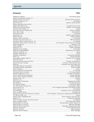 Appendix


Company	                                                                                                                                Title

Middlesex Hospital.................................................................................................... Purchasing Agent
Midway Amusement Games LLC..........................................................................................................
Midway Products Group Inc...............................................................................Administrative Assistant
Midwest Industries, Inc..      ..................................................................................................... Purchasing
Mile Hi Church...................................................................................................Systems Administrator
Milford Manufacturing Service.............................................................................................................
Milgard Manufacturing..........................................................................................Support Service Tech
Millersville University Of Pa. ................................................................................ Director of Purchasing
                                   .
Minerals Technologies Inc..       ......................................................................................................... Buyer
Minn-Dak Farmers Cooperative.................................................................................... Factory Manager
Minor Bell & Neal........................................................................................................... Administrator
Minuteman Press................................................................................................................ Proprietor
                     .
Missa Bay LLC...................................................................................................Systems Administrator
                 .
Mission Del Sol............................................................................................................ Office Manager
Missouri State University.      .................................................................................................... Purchasing
Mitchell’s Gourmet Foods, Inc.......................................................................................MRO Purchasing
Mitsubishi Motors North America, Inc.................................................................................... Purchasing
Mitsubishi Motors North America, Inc............................................ Vice President Procurement and Supply
Mittler Supply Inc.. ........................................................................................................Manager of IS
                       .
Mobile Register........................................................................................................Telecom Executive
Modcomp, Inc.. ....................................................................................................... Logistics Manager
                  .
Modesto Junior College....................................................................................................... Purchasing
MOD-PAC CORPORATION................................................................................... Maintenance Purchaser
Modtech Holdings, Inc............................................................................................................... Buyer
Mohawk Industries Inc..       ............................................................................................................. Buyer
Moldflow Corporation............................................................................................. Purchasing Manager
Molex Inc.. .................................................................................................................Facility Manager
Monongahea Valley Hosp Inc............................................................................... Director of Purchasing
Montrose Travel.......................................................................................................................Trainer
Monumental Document Services. ......................................................................... Director of Operations
                                           .
Moody Strople & Kloppel............................................................................. Director of General Services
Moog Inc............................................................................................... Corporate Services Supervisor
Moonlight Packing Corporation....................................................................................... Office Manager
Moonlight Packing Corporation........................................................................................ Produce Seller
Moore Graphics. ...................................................................................................................... Owner
                   .
Moore’s Electrical & Mechanical........................................................................................... IT Manager
Morehead State University. ........................................................................................ Purchasing Agent
                                  .
Morgan Keegan & Co Inc....................................................................................... Facilities Coordinator
Morris James Hitchens Williams. ...................................................................................Facility Manager
                                         .
Morris James Hitchens Williams. ...................................................................................Facility Manager
                                         .
Mothers Work, Inc..     ................................................................................................................Delivery
Motoman, Inc........................................................................................................................... Buyer
MPI Labels Of Tennessee........................................................................................ Shipping Supervisor
MRI Network............................................................................................................ Purchasing Agent
Mt Holyoke College. .................................................................................................. Purchasing Agent
                        .
Mt. Olive Pickle Company Inc..         ................................................................................. Coordinator, Safety
MTD Products Inc..     ...............................................................Vice President Operations and Global Supply
MTD Products Inc..     ............................................................................................................. Purchasing
MTH Mortgage........................................................................................ Assistant to the Vice President
Mullin Hoard & Brown....................................................................................................... Receptionist
Mutual of America Life Insurance Company. ............... Vice President, Training and Leadership Development
                                                         .
MY OFFICE.COM, LLC. .............................................................................................................. Owner
                           .
MYSTIC BULK CARRIERS INC..             ................................................................... Senior Network Administrator
NABCO, Inc...........................................................................................................Production Manager
Nalco Company Energy Services Division. ............................................................................. Purchasing
                                                      .
Nancy Chandler Assoc....................................................................................... Chief Operating Officer
                            .
National Bank of Arizona...................................................................... Transportation Center Supervisor
National Bank of Arizona...........................................................................................Mailroom Manager
National Food Corporation.......................................................................... Manager, Transportation 236
National Funding Co............................................................................................ Chief Financial Officer
National Interiors......................................................................................................... Office Manager
National Jewish Medical................................................................................................ Office Manager
                              .


   Page 140 	                                                                                                    © The HR Chally Group
 