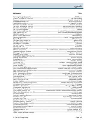 Appendix


Company	                                                                                                                              Title

Schering-Plough Corporation...............................................................................................MRO Buyer
SCHILLI TRANSPORTATION SVC.               ..................................................................................Off Site Manager
Schnucks........................................................................................................... Director Enterprise IT
SCHWARZ PHARMA, Inc......................................................................................... Purchasing Manager
Sea-Dog Corporation................................................................................................ Logistics Manager
Securitas Security Svc USA Inc..................................................................................Telecom Executive
Securitas Security Svc USA Inc................................................................. Telecommunications Specialist
Securitas Security Svc USA Inc................................................................. Telecommunications Specialist
SECURITY FIRST BANK............................................................................................................Cashier
Seed Restaurant Group, Inc.. ........................................................ Director of Management Development
                                     .
SENCO Products, Inc......................................................................Plant Engineer/Maintenance Manager
SENCO Products, Inc..........................................................................................................MRO Buyer
Senior Center of Richmond............................................................................................ Office Manager
Sensient Flavors Div....................................................................................Senior Purchasing Assistant
Sensor Tech................................................................................................................ Office Manager
SeraCare Life Sciences, Inc............................................................................................... Receptionist
SeraCare Life Sciences, Inc............................................................................................... Receptionist
Service King Collision HQ..................................................................................................... Controller
Service Transport Company................................................................................................ IT Manager
ServiceCraft, LLC............................................................................................................... Supervisor
SEYMOUR TUBING INC........................................................................................... Facility Coordinator
Shaklee Corporation.............................................. Service President, International Business Development
Shawnee Mountain Ski Area.............................................................................. Guest Services Director
Sheboygan Clinic.....................................................................................................Telecom Executive
                    .
Shepherd of the Desert.       ..........................................................................................Executive Secretary
SHERWOOD FOOD DISTRIBUTION. .....................................................................................................
                                             .
SHILOH INDUSTRIES. ............................................................................................... Systems Support
                           .
Ships Seattle.................................................................................................... Senior Telecom Analyst
ShopKo Stores, Inc....................................................................................................Director, Training
                        .
Shred First, LLC...............................................................................Manager, Transportation and Safety
Shriners Hospitals.................................................................................................. Building Operations
Signal Holdings.  ..................................................................................... Senior Transportation Manager
Simmons Bedding Company.................................................................................Maintenance Manager
Sino Swearingen Aircraft Corporation.            ............................................. Facilities Safety and Security Manager
Sino Swearingen Aircraft Corporation.            ...................................................................................... Manager
SKD Automotive Group..........................................................................................Corporate Controller
Smart Industries Corporation. .................................................................Logistics and Parts Department
                                      .
Smart Modular Technologies..........................................................................Customer Service Manager
Smarte Carte Inc................................................................................................ Chief Financial Officer
Smiley Brothers Inc..     ............................................................................................ Front Office Manager
SMITH TRANSPORT INC......................................................................................... Operations Manager
Smoker Craft Inc...................................................................................................... Telecom Manager
                     .
Smurfit-Stone Container Corporation..................................................... Director of Training Development
SNOWBIRD CORPORATION.              ................................................................................................ IT Manager
SolidWorks Corporation. ................................................................................ Manager of Sales Training
                              .
SONNENALP REAL ESTATE.            ............................................................................................ Office Manager
Sony Magnetic Products Inc..         ...................................................................................... Telecom Manager
SOS Staffing Services, Inc.. ................................. Vice President Business Development and Sales Training
                                   .
SOUTHEASTERN METALS MFG CO. ....................................................................................MIS Manager
                                            .
Southern Benefit.   ........................................................................................................Branch Manager
Southern Fastening Systems. ................................................................................. Warehouse Manager
                                     .
Southern Ionics, Inc................................................................................ Plant Manager, Tuscaloosa, AL
Southern Ionics, Inc...................................................................................................Process Engineer
Southern Refrigerated Transport, Inc...................................................................................................
Southern Research Institute......................................................................................Telecom Executive
Southern States Cooperative, Inc............................................................................... Facilities Manager
Southwest Airlines FCU.....................................................................................Administrative Assistant
Southwest Diagnostic Imaging................................................................................... Systems Manager
Southwire Company............................................................................................. Commodity Manager
Spacelabs Medical, Inc.. ....................................................................................Facilities Manager 5635
                              .
Spansion. .........................................................................................................Maintenance Specialist
         .
Speed Printing & Office Supplies. ..................................................................................................... IT
                                          .


© The HR Chally Group 	                                                                                                           Page 145
 