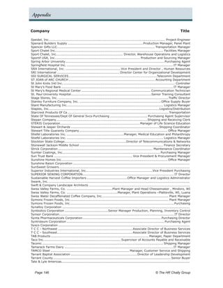 Appendix


Company	                                                                                                                                 Title

Speidel, Inc.. ............................................................................................................ Project Engineer
               .
Spenard Builders Supply........................................................................Production Manager, Panel Plant
Spencer Gifts LLC. ........................................................................................... Transportation Manager
                      .
Sport Chalet Inc.. .................................................................................................... Facilities Manager
                     .
Sport Chalet, Inc.. ............................................................. Director, Warehouse Operations and Logistics
                      .
Sportif USA, Inc..   ............................................................................... Production and Sourcing Manager
Spring Arbor University.       ............................................................................................. Purchasing Agent
Springfield Hospital Inc...................................................................................................... IT Manager
SRA International, Inc......................................................Vice President and Director , Human Resources
SRI International............................................................ Director Center for Organizational Development
SSI SURGICAL SERVICES.             ...................................................................................Telecomm Department
ST JOAN of ARC CHURCH.................................................................................. Accounting Department
St John Knits Intl Inc........................................................................................................... Controller
St Mary’s Food Bank.......................................................................................................... IT Manager
St Mary’s Regional Medical Center.................................................................. Communication Technician
St. Paul University Hospital. ...........................................................................Senior Training Consultant
                                     .
Stage Stores, Inc..........................................................................................................Traffic Director
Stanley Furniture Company, Inc...............................................................................Office Supply Buyer
Stant Manufacturing Inc.. ......................................................................................... Logistics Manager
                                 .
Staples, Inc.. ...................................................................................................... Logistics/Distribution
               .
Starcrest Products Of Ca................................................................................................ Transportation
State Of Tennessee/Dept Of General Svcs-Purchasing.................................... Purchasing Agent Supervisor
Stepan Company......................................................................................Shipping and Receiving Clerk
                     .
STERIS Corporation. ..........................................................................Manager of Life Science Education
                         .
Stewart & Jasper Orchards....................................................................................Shipping Coordinator
Stewart Title Guaranty Company.              ................................................................................... Office Manager
Stiefel Laboratories Inc........................................................Manager, Medical Education and Philanthropy
Stiefel Laboratories Inc............................................................................................. Logistics Manager
Stockton State College. .........................................................Director of Telecommunications & Networks
                             .
Stonewall Jackson Middle School................................................................................ Finance Secretary
Strick Corporation.......................................................................................... Maintenance Coordinator
Sumter Coatings, Inc.. .......................................................................................... Purchasing Manager
                            .
Sun Trust Bank........................................................................... Vice President & Procurement Manager
Sunshine Homes Inc.. .................................................................................................. Office Manager
                           .
Sunshine Raisin Corporation...............................................................................................................
SunSweet Growers.       ...........................................................................................................................
Superior Industries International, Inc...............................................................Vice President Purchasing
SUPERIOR SEWING CORPORATION. ..................................................................................... IT Director
                                                .
Sustainable Harvest Coffee Importers.......................................Office Manager and Logistics Administrator
Swank, Inc.. ....................................................................................................................................
              .
Swift & Company Landscape Architects................................................................................................
Swiss Valley Farms, Co.............................................Plant Manager and Head Cheesemaker , Mindoro, WI
Swiss Valley Farms, Co..................................................Manager, Plant Operations –Platteville, WI, Luana
Swiss Water Decaffeinated Coffee Company, Inc.. ............................................................. Plant Manager
                                                                   .
Symons Frozen Foods, Inc.. ........................................................................................... Plant Manager
                                     .
Symons Frozen Foods, Inc.. ................................................................................................ Purchasing
                                     .
Synalloy Corporation.........................................................................................................................
Synbiotics Corporation..........................................Senior Manager Production, Planning, Inventory Control
Synsor Corporation............................................................................................................ IT Director
                        .
Synta Pharmaceuticals Corporation. ......................................................................... Purchasing Director
                                                .
Syntroleum Corporation............................................................................................. Purchasing Agent
Sysco Corporation.............................................................................................................................
T C C - Northwest....................................................................... Associate Director of Business Services
T C C - Southeast. ...................................................................... Associate Director of Business Services
                      .
TAB Products............................................................................................. Manager, Paper Department
Taco Inc.. ....................................................................... Supervisor of Accounts Payable and Receivable
          .
Taconic................................................................................................................... Shipping Manager
Tamarack Farms Dairy....................................................................................................... IT Manager
TAMCO Steel........................................................................... Manager, Customer Service and Shipping
Tarrant Baptist Association............................................................... Director of Leadership Development
Tarrant County. .............................................................................................................. Senior Buyer
                  .
Tate & Lyle Americas.........................................................................................................................


   Page 146 	                                                                                                      © The HR Chally Group
 