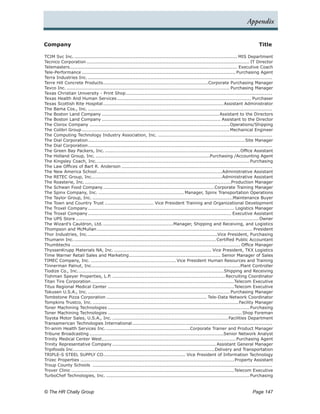 Appendix


Company	                                                                                                                                 Title

TCIM Svc Inc............................................................................................................. MIS Department
Tecnico Corporation............................................................................................................ IT Director
Telemasters. ............................................................................................................. Executive Coach
             .
Tele-Performance...................................................................................................... Purchasing Agent
Terra Industries Inc...........................................................................................................................
Terre Hill Concrete Products. ....................................................................Corporate Purchasing Manager
                                   .
Tevco Inc............................................................................................................. Purchasing Manager
Texas Christian University - Print Shop.          ................................................................................................
Texas Health And Human Services.            ........................................................................................ Purchaser
Texas Scottish Rite Hospital................................................................................Assistant Administrator
The Bama Cos., Inc...........................................................................................................................
The Boston Land Company.............................................................................. Assistant to the Directors
The Boston Land Company............................................................................... Assistant to the Director
The Clorox Company.............................................................................................Operations/Shipping
The Colibri Group..................................................................................................Mechanical Engineer
The Computing Technology Industry Association, Inc.............................................................................
The Dial Corporation. ......................................................................................................Site Manager
                         .
The Dial Corporation. ........................................................................................................................
                         .
The Green Bay Packers, Inc..        .........................................................................................Office Assistant
The Holland Group, Inc.............................................................................Purchasing /Accounting Agent
The Kingsley Coach, Inc..      .................................................................................................... Purchasing
The Law Offices of Bart R. Anderson....................................................................................................
The New America School.        ..................................................................................Administrative Assistant
The RETEC Group, Inc......................................................................................Administrative Assistant
The Roasterie, Inc..................................................................................................Production Manager
The Schwan Food Company..........................................................................Corporate Training Manager
The Spinx Company, Inc.......................................................... Manager, Spinx Transportation Operations
The Taylor Group, Inc..............................................................................................Maintenance Buyer
The Town and Country Trust................................. Vice President Training and Organizational Development
The Troxel Company................................................................................................. Logistics Manager
The Troxel Company............................................................................................... Executive Assistant
The UPS Store......................................................................................................................... Owner
The Wizard’s Cauldron, Ltd................................................Manager, Shipping and Receiving, and Logistics
Thompson and McMullan....................................................................................................... President
Thor Industries, Inc.. ....................................................................................Vice President, Purchasing
                         .
Thumann Inc..   ............................................................................................. Certified Public Accountant
Thumbtechs................................................................................................................ Office Manager
ThyssenKrupp Materials NA, Inc.................................................................. Vice President, TKX Logistics
Time Warner Retail Sales and Marketing. ........................................................... Senior Manager of Sales
                                                    .
TIMEC Company, Inc..........................................................Vice President Human Resources and Training
Tinnerman Palnut, Inc..................................................................................................Plant Controller
                            .
Tiodize Co., Inc.. ...............................................................................................Shipping and Receiving
Tishman Speyer Properties, L.P............................................................................ Recruiting Coordinator
Titan Tire Corporation.    ..............................................................................................Telecom Executive
Titus Regional Medical Center....................................................................................Telecom Executive
Tokusen U.S.A., Inc............................................................................................... Purchasing Manager
Tombstone Pizza Corporation................................................................... Tele-Data Network Coordinator
Tompkins Trustco, Inc..................................................................................................Facility Manager
Toner Machining Technologies.............................................................................................. Purchasing
Toner Machining Technologies......................................................................................... Shop Foreman
Toyota Motor Sales, U.S.A., Inc.............................................................................. Facilities Department
Transamerican Technologies International. ...........................................................................................
                                                      .
Tri-anim Health Services Inc.........................................................Corporate Trainer and Product Manager
Tribune Broadcasting.........................................................................................Senior Network Analyst
Trinity Medical Center West........................................................................................ Purchasing Agent
                                  .
Trinity Representative Company..................................................................... Assistant General Manager
Tripifoods Inc.. ...........................................................................................Delivery and Transportation
                .
TRIPLE-S STEEL SUPPLY CO. ..................................................... Vice President of Information Technology
                                   .
Trizec Properties......................................................................................................Property Assistant
Troup County Schools .......................................................................................................................
Trover Clinic............................................................................................................Telecom Executive
TurboChef Technologies, Inc................................................................................................ Purchasing


© The HR Chally Group 	                                                                                                              Page 147
 