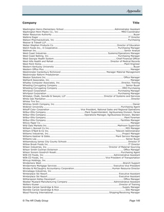Appendix


Company	                                                                                                                               Title

Washington Henry Elementary School.................................................................. Administrator Assistant
Washington Penn Plastic Co., Inc................................................................................. MRO Coordinator
Water Resources Authority......................................................................................................... Buyer
Watkins Eager................................................................................................................... IT Director
Watson Pharmaceuticals, Inc............................................................................................... Purchasing
Weaver & Tidwell LLP. .......................................................................................................................
                          .
Weber-Stephen Products Co.................................................................................. Director of Education
Welch Foods Inc., A Cooperative. ............................................................................ Purchasing Manager
                                           .
Wellman Inc................................................................................................................. Senior Analyst
West Coast Industries.      .............................................................................. Systems/Operations Manager
West Coast Netting, Inc......................................................................................... Purchasing Manager
West Georgia Health System. ............................................................................... Chief Financial Officer
                                     .
West Hills Health and Rehab......................................................................... Director of Medical Records
West Point Home. ......................................................................................................... Plant Engineer
                    .
Western Kentucky University...................................................................................................... Buyer
Western Office Plus............................................................................................................... Manager
Westminster Canterbury Richmond.               .......................................................... Manager Material Management
Westminster Reform Presbyterian. ......................................................................................................
                                             .
Weston Solutions Inc.................................................................................................... Office Manager
Wetherill Associates, Inc........................................................................................................ Manager
Whalley Computer Associates, Inc................................................................................Director, Training
Wheeling Corrugating Company........................................................................................ Senior Buyer
Wheeling Corrugating Company....................................................................................MRO Purchasing
Whirlpool Corporation............................................................................................ Purchasing Manager
Whirlpool Corporation............................................................................................ Purchasing Manager
Whitaker, Chalk, Swindle & Sawyer, LLP................................................. Director of Systems and Services
White Oak Plantation.............................................................................................................. Director
Whites Tire Svc. ...............................................................................................................................
                  .
Whitney Smith Company, Inc..           ................................................................................................... Owner
Widener University.................................................................................................... Purchasing Agent
Wikoff Color Corporation........................................ Vice President, National Sales and Regional Operations
Wilbur-Ellis Company. .................................................Plant Superintendent, Agribusiness Division, Farwe
                          .
Wilbur-Ellis Company. ................................................ Operations Manager, Agribusiness Division, Warden
                          .
Wilbur-Ellis Company. ................................................................................................... Plant Foreman
                          .
Wilbur-Ellis Company. .............................................................................................. Facilities Manager
                          .
Wilcox Paper Co.................................................................................................................... Manager
Wild Oats Markets Inc.. .........................................................................................Mailroom Supervisor
                             .
William L Bonnell Co Inc.. ................................................................................................MIS Manager
                                .
William O’Neill & Co Inc...................................................................................... Telecom Administrator
Williams Industries, Inc...............................................................................................Project Manager
                               .
Williams Kastner & Gibbs.................................................................................... Plant Service Manager
Williams Lea. .................................................................................................................. Senior Buyer
Williamsburg James City County Schools............................................................................... Director IT
Willow Brook Foods Inc....................................................................................................... IT Director
Wilson Industries, Inc................................................................................ Director of Material Sourcing
Wilson Smith Cochran Dickerson.................................................................................... Office Manager
Wilson Sonsini Goodrich Rosati................................................................................... Purchasing Agent
                                        .
WIN CO Foods, Inc...........................................................................................Administrative Assistant
WIN CO Foods, Inc................................................................................ Vice President of Transportation
Wincup Holdings, Inc.........................................................................................................................
Windemere West. ........................................................................................................Branch Support
                    .
Windermere Mortgage Services.             ........................................................................ Executive Vice President
Windes & McClaughry Accountancy Corporation. ................................................Human Resource Director
                                                                .
Winnebago Industries, Inc.. ...............................................................................................................
                                   .
Winterplace Ski Resort.      ........................................................................................... Executive Assistant
Winterplace Ski Resort.      ........................................................................................... Executive Assistant
Witherspoon Kelley Davenport....................................................................................... Office Manager
Woeber Mustard Manufacturing Company............................................................Administrative Assistant
Wolters Kluwer.......................................................................................................Director of Training
Womble Carlyle Sandridge & Rice..................................................................................Supply Manager
Womble Carlyle Sandridge & Rice......................................................................................Site Manager
Wood Flooring International. .......................................................................Shipping/Receiving Manager
                                    .


© The HR Chally Group 	                                                                                                            Page 149
 