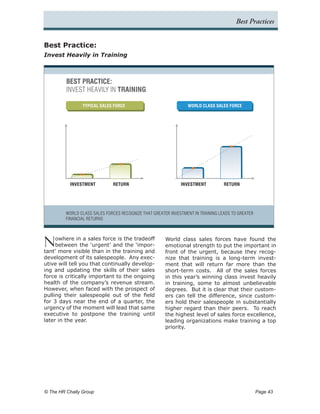 Best Practices


Best Practice:
Invest Heavily in Training



         BEST PRACTICE:
         INVEST HEAVILY IN TRAINING

                TYPICAL SALES FORCE                              WORLD CLASS SALES FORCE




           INVESTMENT         RETURN                          INVESTMENT          RETURN




         WORLD CLASS SALES FORCES RECOGNIZE THAT GREATER INVESTMENT IN TRAINING LEADS TO GREATER
         FINANCIAL RETURNS




N    owhere in a sales force is the tradeoff
     between the ‘urgent’ and the ‘impor-
tant’ more visible than in the training and
                                                       World class sales forces have found the
                                                       emotional strength to put the important in
                                                       front of the urgent, because they recog-
development of its salespeople. Any exec-              nize that training is a long-term invest-
utive will tell you that continually develop-          ment that will return far more than the
ing and updating the skills of their sales             short-term costs. All of the sales forces
force is critically important to the ongoing           in this year’s winning class invest heavily
health of the company’s revenue stream.                in training, some to almost unbelievable
However, when faced with the prospect of               degrees. But it is clear that their custom-
pulling their salespeople out of the field             ers can tell the difference, since custom-
for 3 days near the end of a quarter, the              ers hold their salespeople in substantially
urgency of the moment will lead that same              higher regard than their peers. To reach
executive to postpone the training until               the highest level of sales force excellence,
later in the year.                                     leading organizations make training a top
                                                       priority.




© The HR Chally Group 	                                                                            Page 43
 