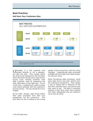 Best Practices


Best Practice:
Sell How Your Customers Buy



          BEST PRACTICE:
          SELL HOW YOUR CUSTOMERS BUY


       Typical     BUYER        STEP 1           STEP 2          STEP 3         STEP 4
        Sales
        Force
                   SELLER                 TASK                    TASK                          TASK
                                           1                       2                             3




       World       BUYER        STEP 1            STEP 2            STEP 3            STEP 4
       Class
       Sales
       Force       SELLER        TASK              TASK                TASK              TASK
                                   1                2                    3                4




         WORLD CLASS SALES FORCES MIRROR THE WAY THEIR CUSTOMERS BUY SO THE BUYING AND SELLING
         CYCLES WORK IN LOCK STEP




U   ltimately, it is the customer who
    decides whether or not a salesper-
son gets the sale. They usually award
                                                        people, at the wrong time, with the wrong
                                                        message. Inappropriate sales processes
                                                        probably kill more sales than sales manag-
the prize to the salesperson who has been               ers will ever know.
there with them during every step of their
buying cycle, meeting customer need                     When formalizing sales processes, world
after customer need by presenting the                   class sales forces view their actions from
right information at the right time. To win             the customer’s perspective. They design
a sale then, a salesperson’s sales process              a way of selling that is reflective of the
must match perfectly with the customer’s                way their customer buys, not just the way
buying process. The two should be mirror                they want to sell. The deck is therefore
images.                                                 stacked in their favor when they compete
                                                        with other salespeople who are making it
All too often, though, sales forces define              up as they go along.
their sales processes from their own
perspective, not the customer’s.      This
puts them at risk of calling on the wrong




© The HR Chally Group 	                                                                              Page 75
 