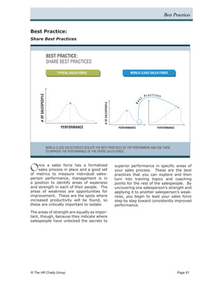 Best Practices


Best Practice:
Share Best Practices



                         BEST PRACTICE:
                         SHARE BEST PRACTICES

                                TYPICAL SALES FORCE                                        WORLD CLASS SALES FORCE
     # OF SALESPEO PLE




                                                               # OF SALESPEOPLE




                                  PERFORMANCE                                       PERFORMANCE            PERFORMANCE




                         WORLD CLASS SALES FORCES ISOLATE THE BEST PRACTICES OF TOP PERFORMERS AND USE THEM
                         TO IMPROVE THE PERFORMANCE OF THE ENTIRE SALES FORCE




O    nce a sales force has a formalized
     sales process in place and a good set
of metrics to measure individual sales-
                                                                                  superior performance in specific areas of
                                                                                  your sales process. These are the best
                                                                                  practices that you can explore and then
person performance, management is in                                              turn into training topics and coaching
a position to identify areas of weakness                                          points for the rest of the salespeople. By
and strength in each of their people. The                                         uncovering one salesperson’s strength and
areas of weakness are opportunities for                                           applying it to another salesperson’s weak-
improvement. These are the spots where                                            ness, you begin to lead your sales force
increased productivity will be found, so                                          step by step toward consistently improved
these are critically important to isolate.                                        performance.
The areas of strength are equally as impor-
tant, though, because they indicate where
salespeople have unlocked the secrets to




© The HR Chally Group 	                                                                                                  Page 81
 