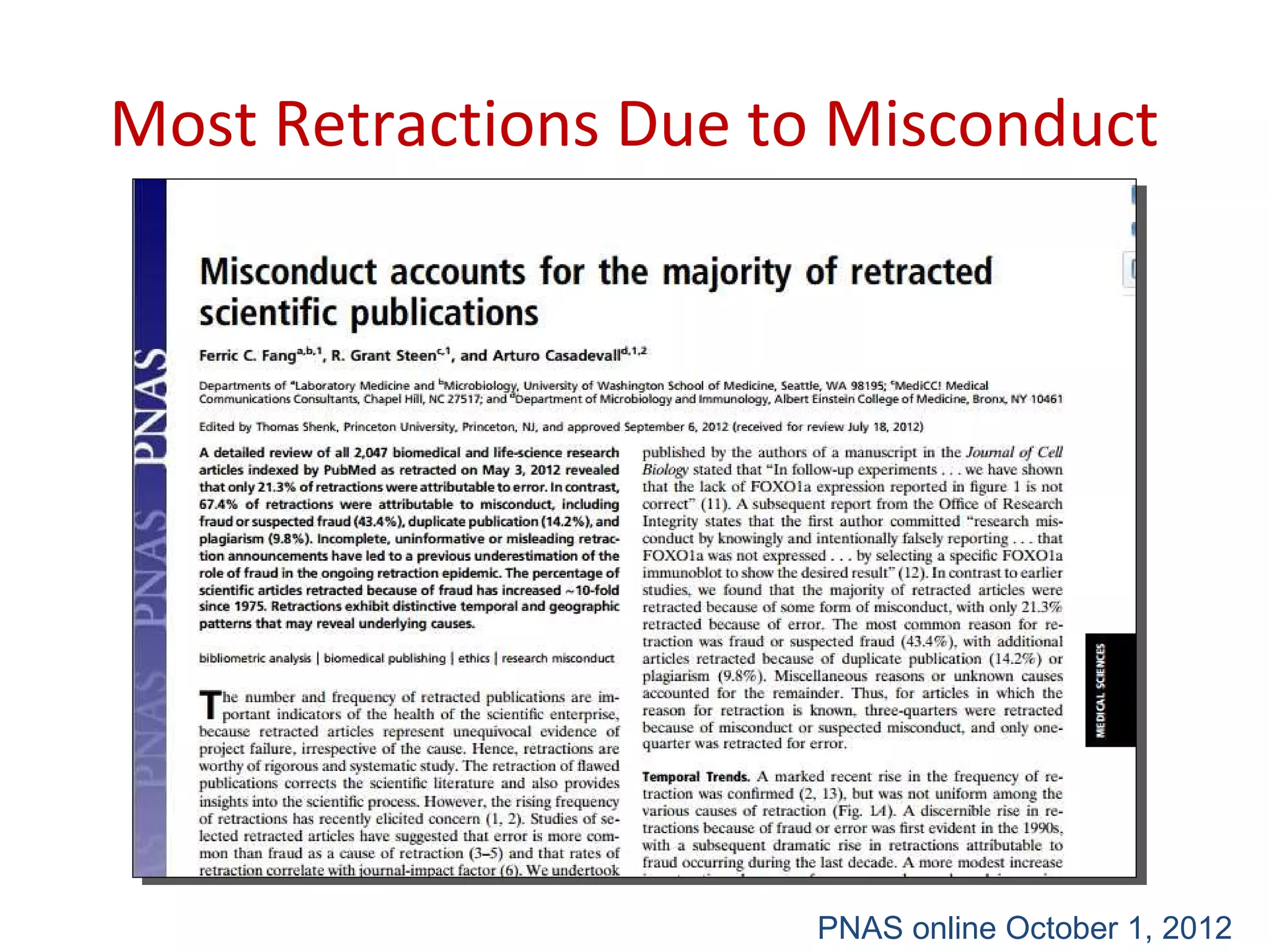 Most Retractions Due to Misconduct
PNAS online October 1, 2012
 