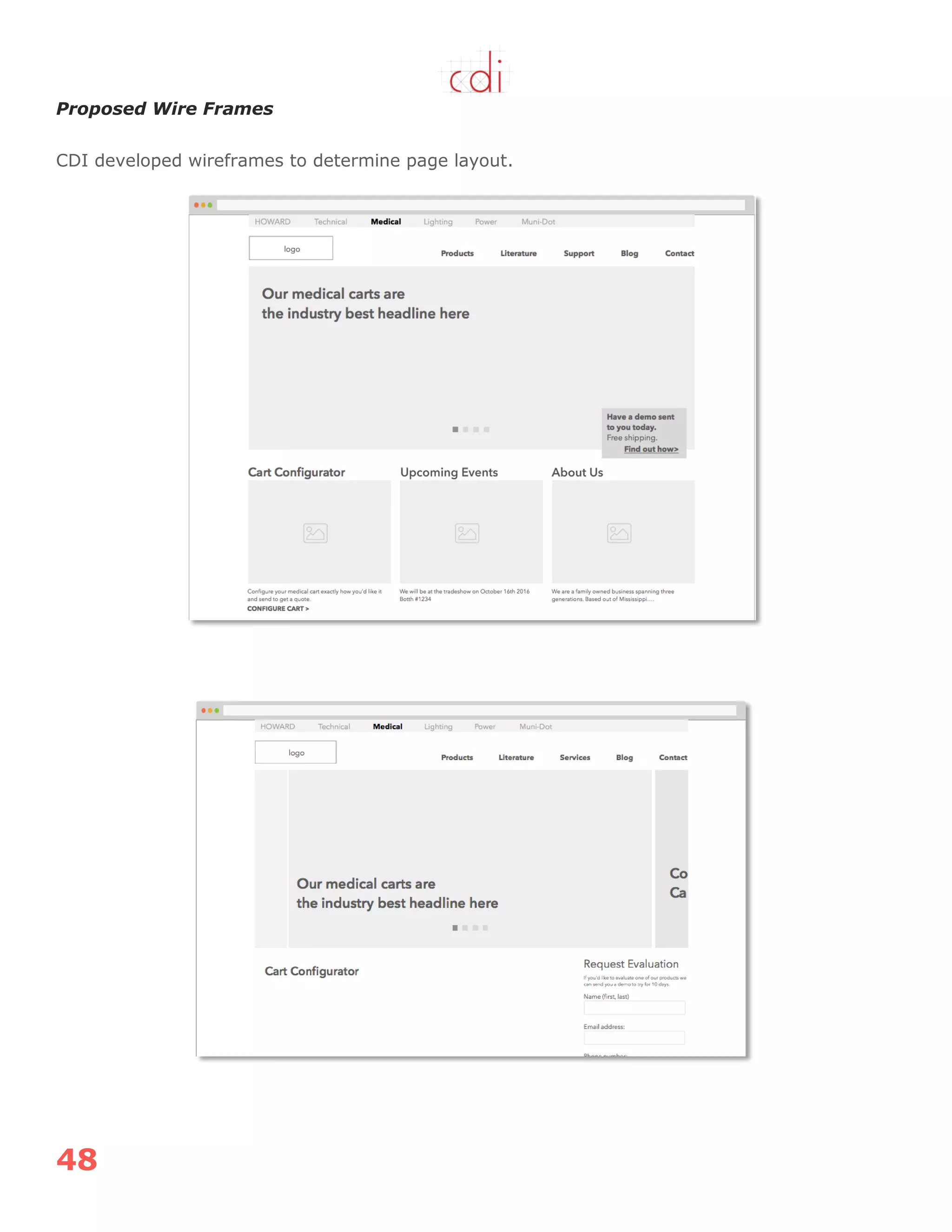 48
Proposed Wire Frames
CDI developed wireframes to determine page layout.
 