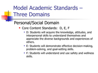 Model Academic Standards –
Three Domains
Personal/Social Domain
     Core Content Standards: D, E, F
          D: Students will acquire the knowledge, attitudes, and
           interpersonal skills to understand themselves and
           appreciate the diverse backgrounds and experiences of
           others.
          E: Students will demonstrate effective decision-making,
           problem-solving, and goal-setting skills.
          F: Students will understand and use safety and wellness
           skills.
 