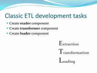 Classic ETL development tasks
 Create reader component
 Create transformer component
 Create loader component


                                 Extraction
                                 Transformation
                                 Loading
 