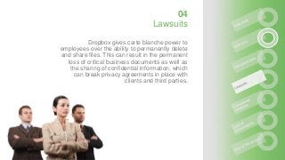 Dropbox gives carte blanche power to
employees over the ability to permanently delete
and share files. This can result in the permanent
loss of critical business documents as well as
the sharing of confidential information, which
can break privacy agreements in place with
clients and third parties.
04
Lawsuits
 