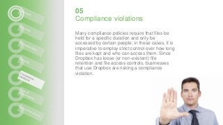 Many compliance policies require that files be
held for a specific duration and only be
accessed by certain people; in these cases, it is
imperative to employ strict control over how long
files are kept and who can access them. Since
Dropbox has loose (or non-existent) file
retention and file access controls, businesses
that use Dropbox are risking a compliance
violation.
05
Compliance violations
 