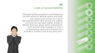 Managers whose employees use Dropbox do
not have access to detailed reports and alerts
over system-level activity. As a result,
administrators don’t have control of or visibility
into how files have been edited, shared, or
deleted. Business-grade, admin-controlled file
sync services allow managers to view a
comprehensive audit trail that details who
touched or modified a file at any given point.
06
Loss of accountability
 