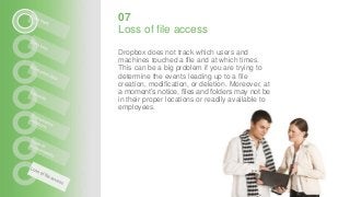 Dropbox does not track which users and
machines touched a file and at which times.
This can be a big problem if you are trying to
determine the events leading up to a file
creation, modification, or deletion. Moreover, at
a moment’s notice, files and folders may not be
in their proper locations or readily available to
employees.
07
Loss of file access
 