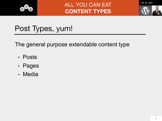 ALL YOU CAN EAT
                                08 : 04 : 2012




              CONTENT TYPES


Users: Roles and Capabilities

Members




                                                 12
 