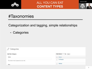 ALL YOU CAN EAT
                                           08 : 04 : 2012




                   CONTENT TYPES




Keep it simple, Users will enjoy, Code is Poetry
                                                            23
 